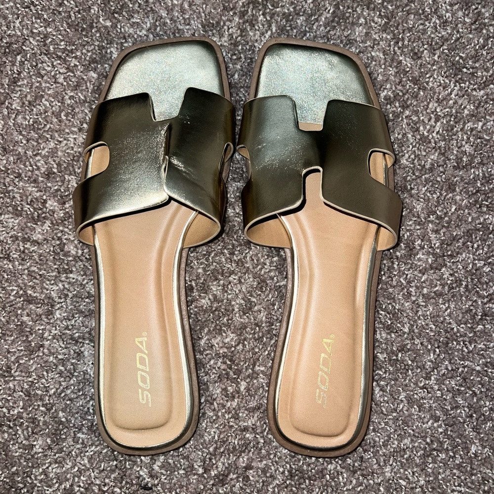 Soda Gold Slide Sandals with H Cut-Out Design - Picture 3 of 4